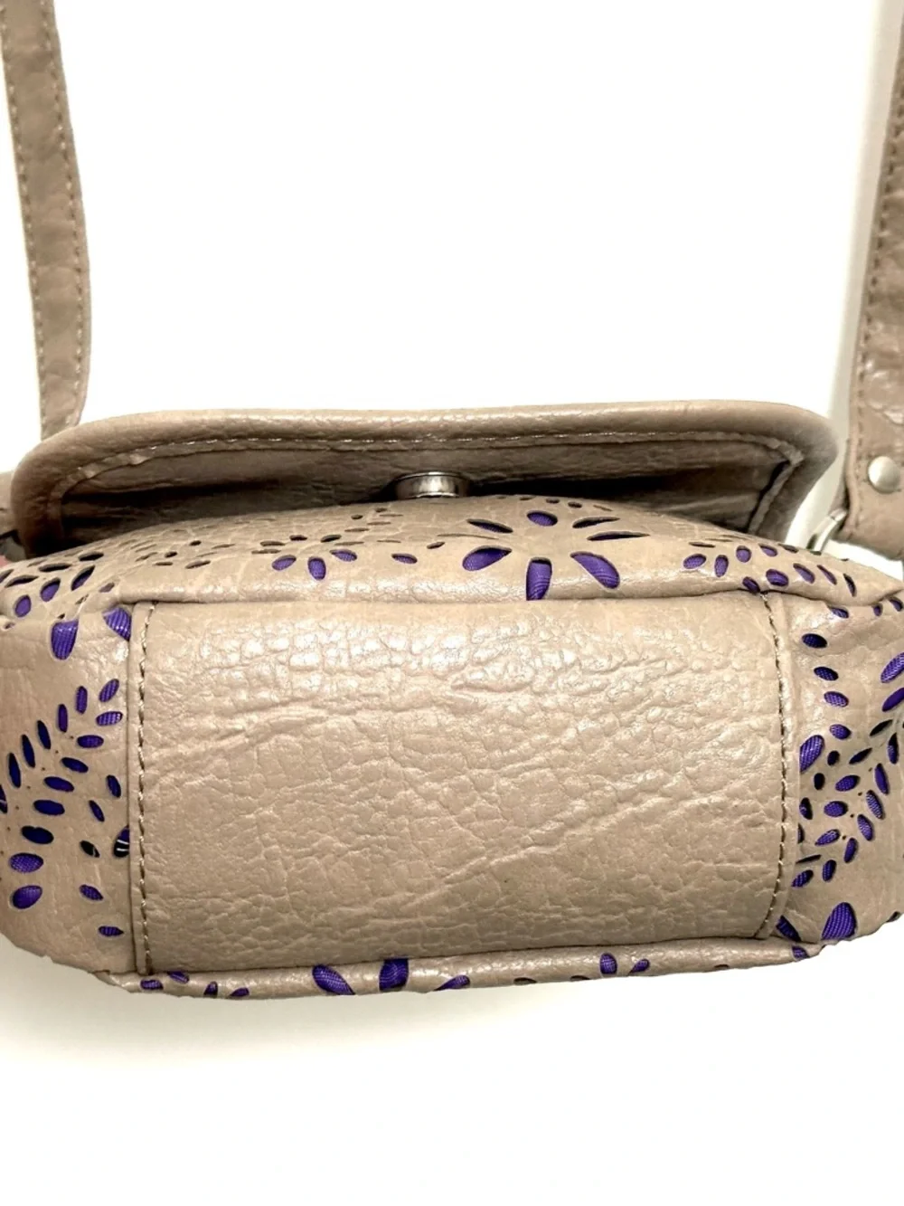 Kensie Girl Taupe Laser-Cut Mini Crossbody Bag with Purple Accent